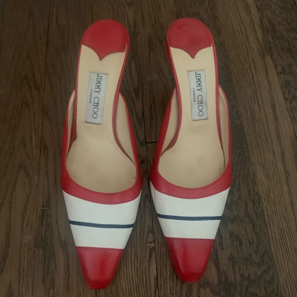 Jimmy Choo Red, White and Navy mules